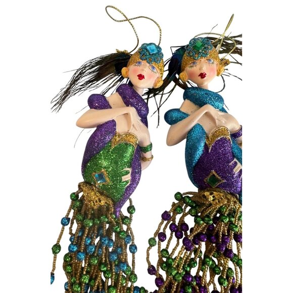 Mardi Gras Porcelain Mermaid Ornaments Set of 2 Beaded Fringe Purple Green Gold - Picture 3 of 6